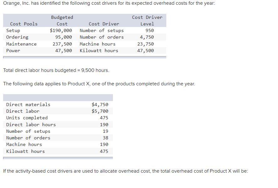 Orange, Inc. has identified the following cost drivers for its expected overhead costs for the year: Cost