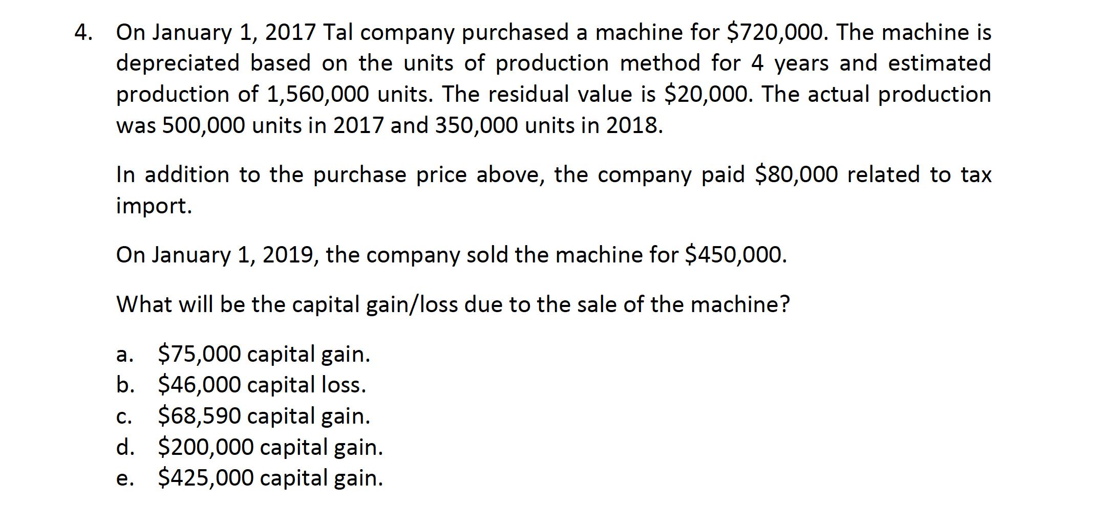 4. On January 1, 2017 Tal company purchased a machine for $720,000. The machine is depreciated based on the