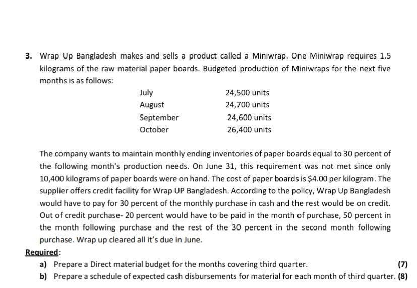 3. Wrap Up Bangladesh makes and sells a product called a Miniwrap. One Miniwrap requires 1.5 kilograms of the