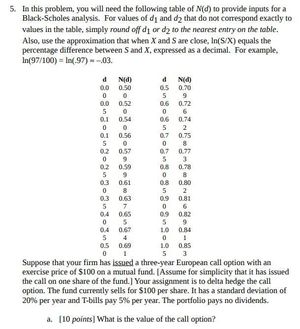 5. In this problem, you will need the following table of N(d) to provide inputs for a Black-Scholes analysis.