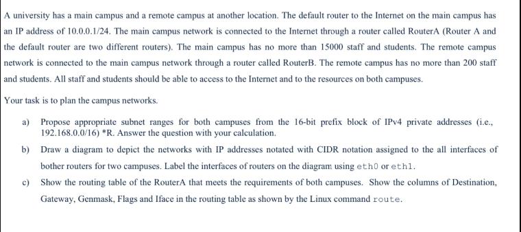A university has a main campus and a remote campus at another location. The default router to the Internet on