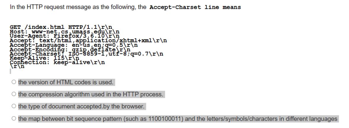 In the HTTP request message as the following, the Accept-charset line means GET /index.html HTTP/1.1 , Host: