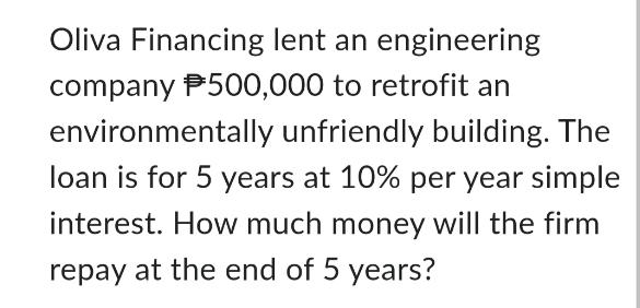 Oliva Financing lent an engineering company $500,000 to retrofit an environmentally unfriendly building. The