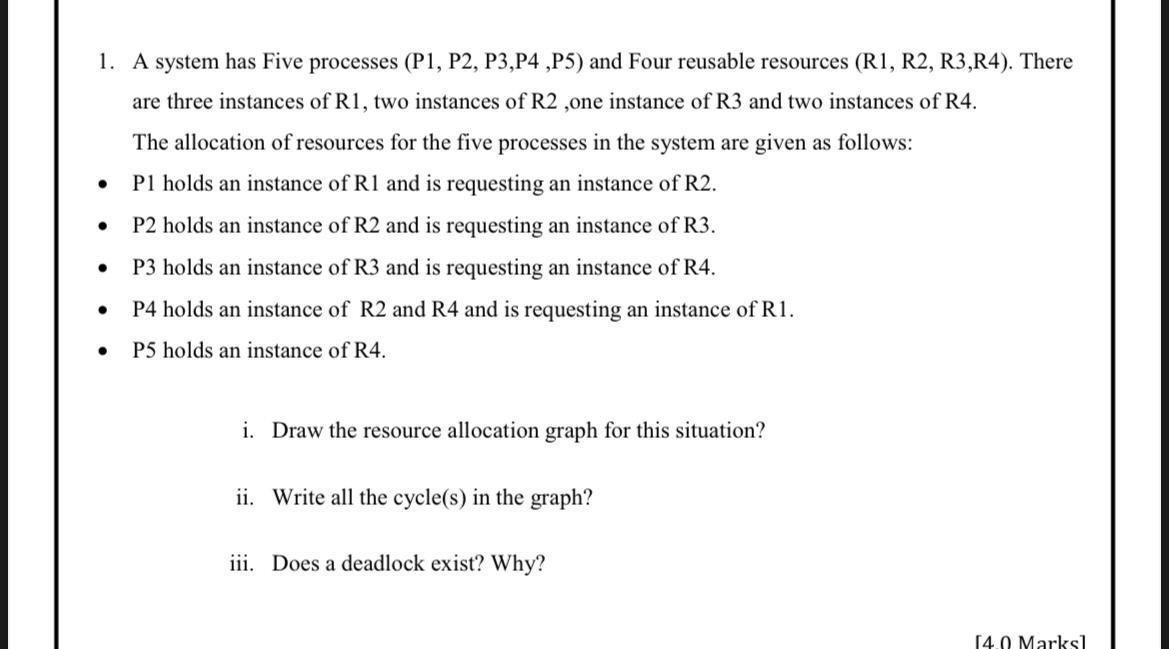 1. A system has Five processes (P1, P2, P3,P4,P5) and Four reusable resources (R1, R2, R3, R4). There are