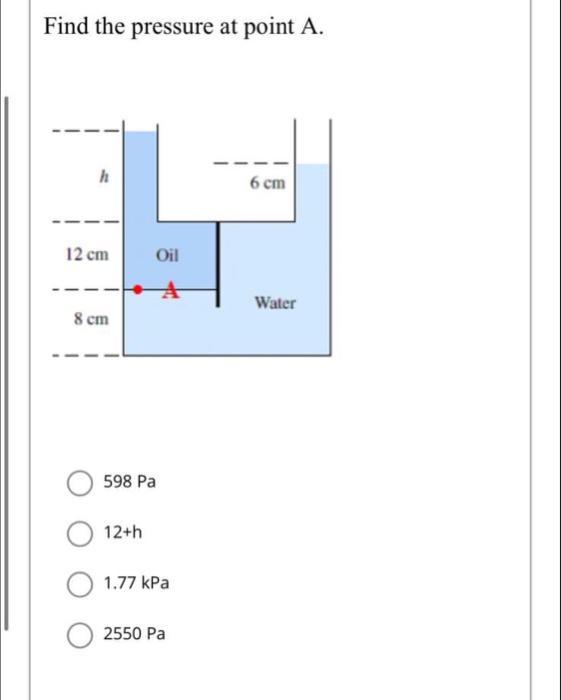 Find the pressure at point A. h 12 cm 8 cm Oil 598 Pa 12+h 1.77 kPa 2550 Pa 6 cm Water