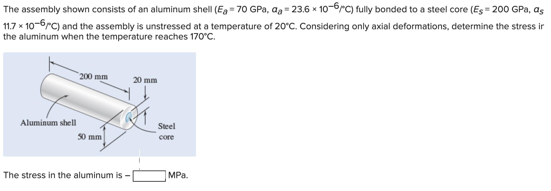 The assembly shown consists of an aluminum shell (Ea - 70 GPa, da = 23.6  10-6/C) fully bonded to a steel