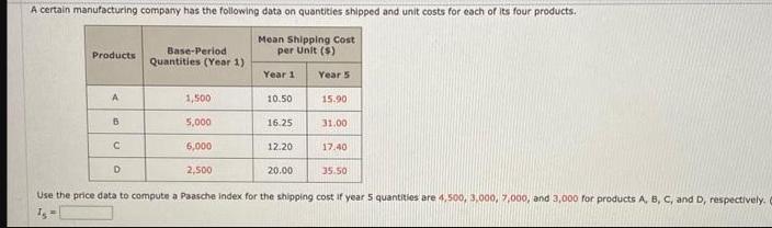 A certain manufacturing company has the following data on quantities shipped and unit costs for each of its