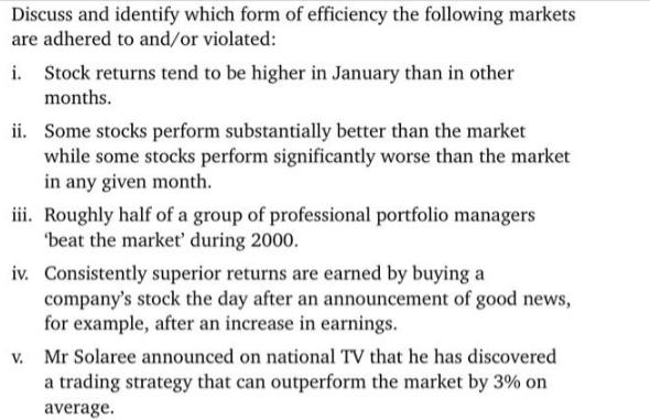 Discuss and identify which form of efficiency the following markets are adhered to and/or violated: i. Stock