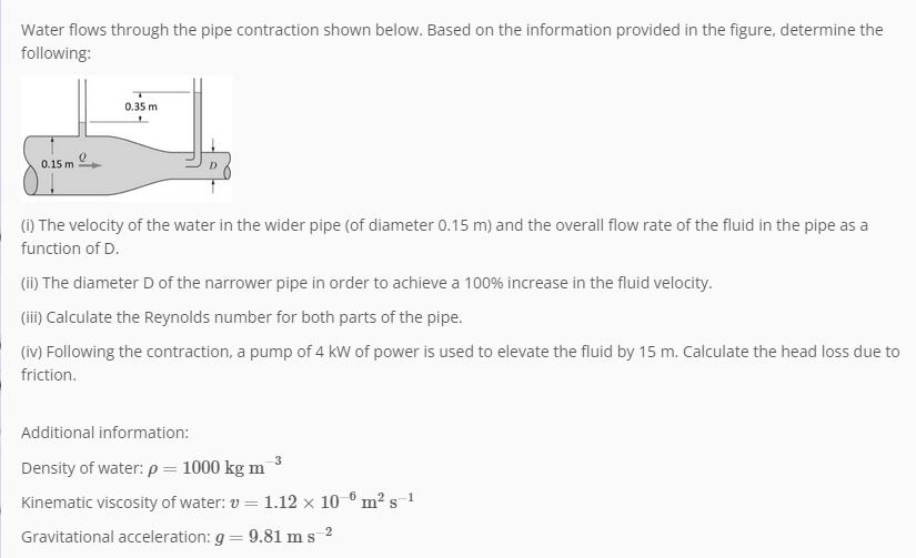 Water flows through the pipe contraction shown below. Based on the information provided in the figure,