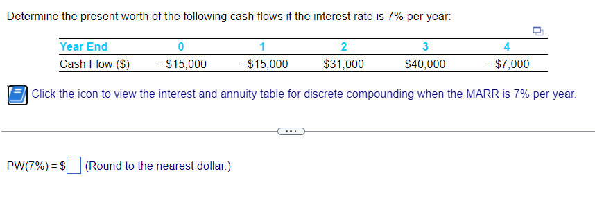 Determine the present worth of the following cash flows if the interest rate is 7% per year: Year End 1 3 4