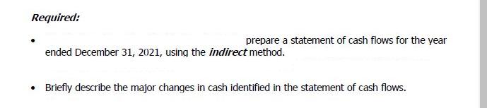 Required: prepare a statement of cash flows for the year ended December 31, 2021, using the indirect method. 
