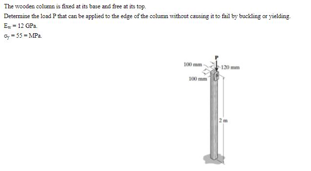 The wooden column is fixed at its base and free at its top. Determine the load P that can be applied to the