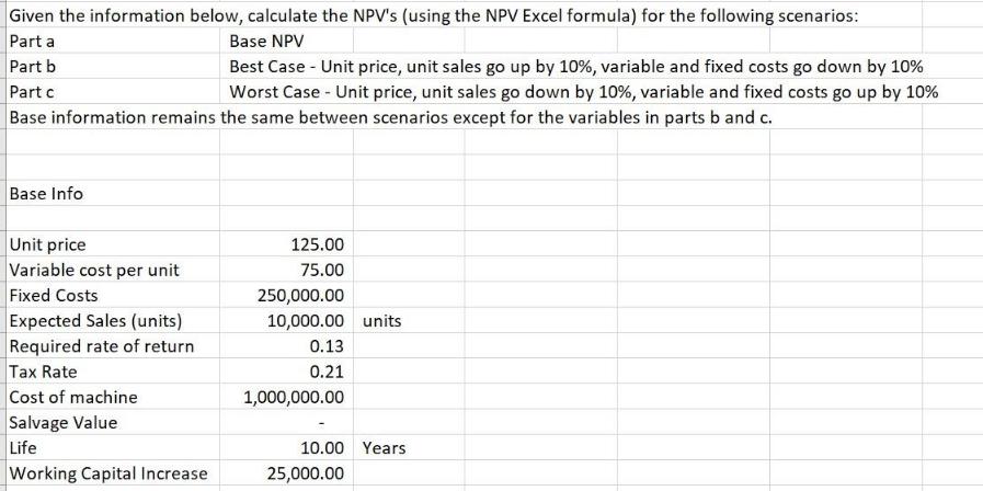 Given the information below, calculate the NPV's (using the NPV Excel formula) for the following scenarios: