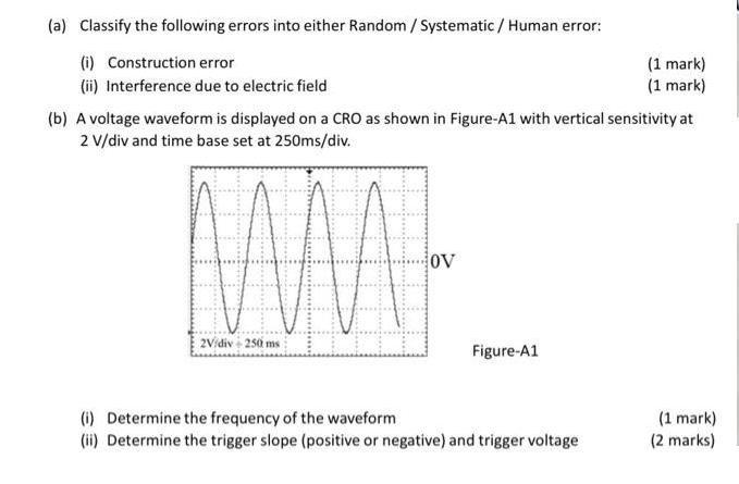 (a) Classify the following errors into either Random / Systematic / Human error: (i) Construction error (ii)