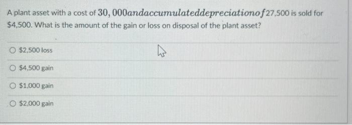 A plant asset with a cost of 30, $4,500. What is the amount of the gain or loss on disposal of the plant