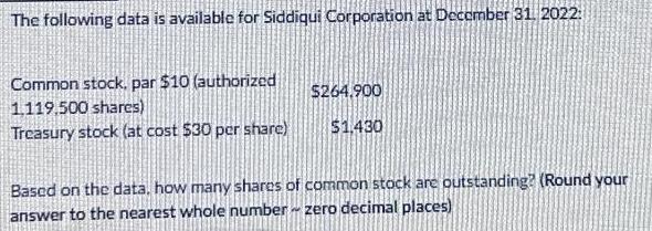 The following data is available for Siddiqui Corporation at December 31, 2022: Common stock, par $10