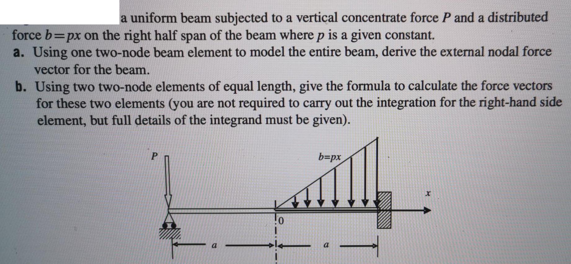 a uniform beam subjected to a vertical concentrate force P and a distributed force b=px on the right half