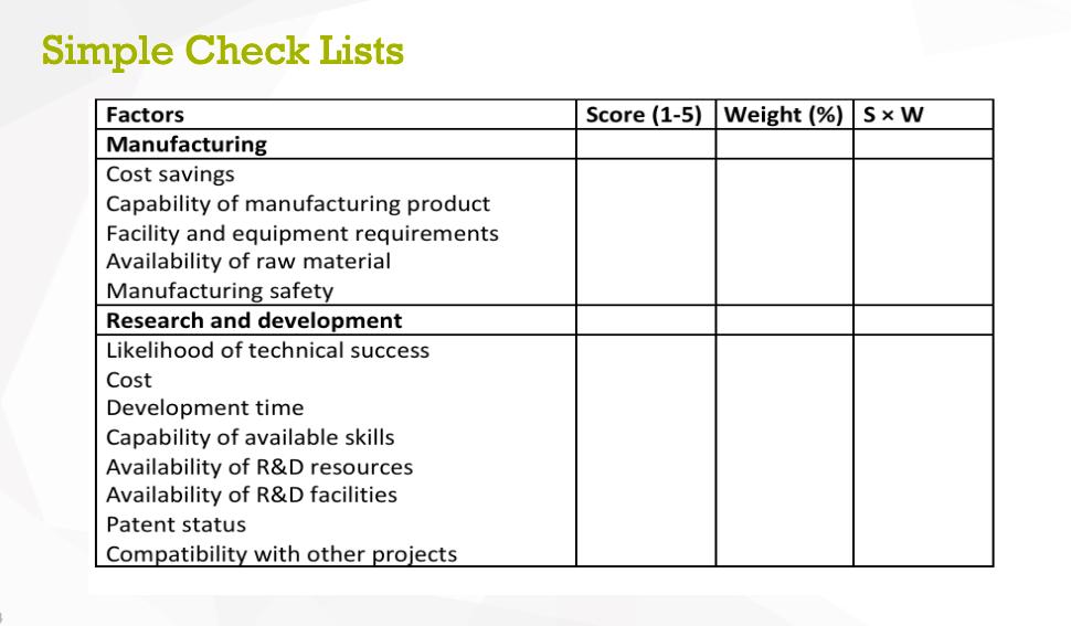 Simple Check Lists Factors Manufacturing Cost savings Capability of manufacturing product Facility and