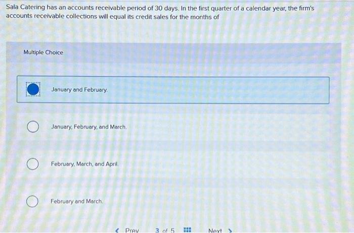 Sala Catering has an accounts receivable period of 30 days. In the first quarter of a calendar year, the