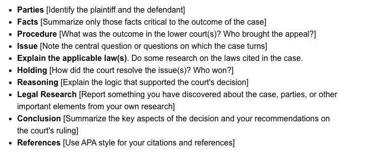 Parties [Identify the plaintiff and the defendant]  Facts [Summarize only those facts critical to the outcome