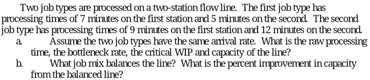Two job types are processed on a two-station flow line. The first job type has processing times of 7 minutes