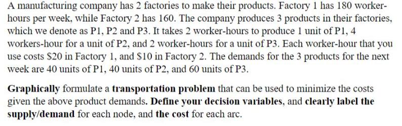 A manufacturing company has 2 factories to make their products. Factory 1 has 180 worker- hours per week,