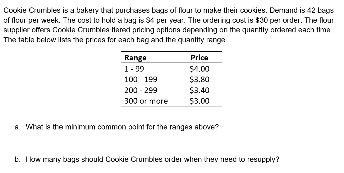 Cookie Crumbles is a bakery that purchases bags of flour to make their cookies. Demand is 42 bags of flour