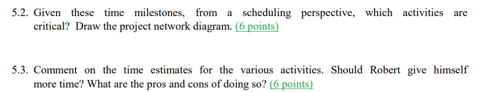 5.2. Given these time milestones, from a scheduling perspective, which activities are critical? Draw the