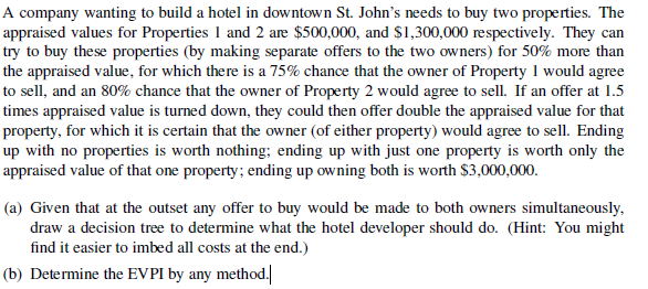 A company wanting to build a hotel in downtown St. John's needs to buy two properties. The appraised values