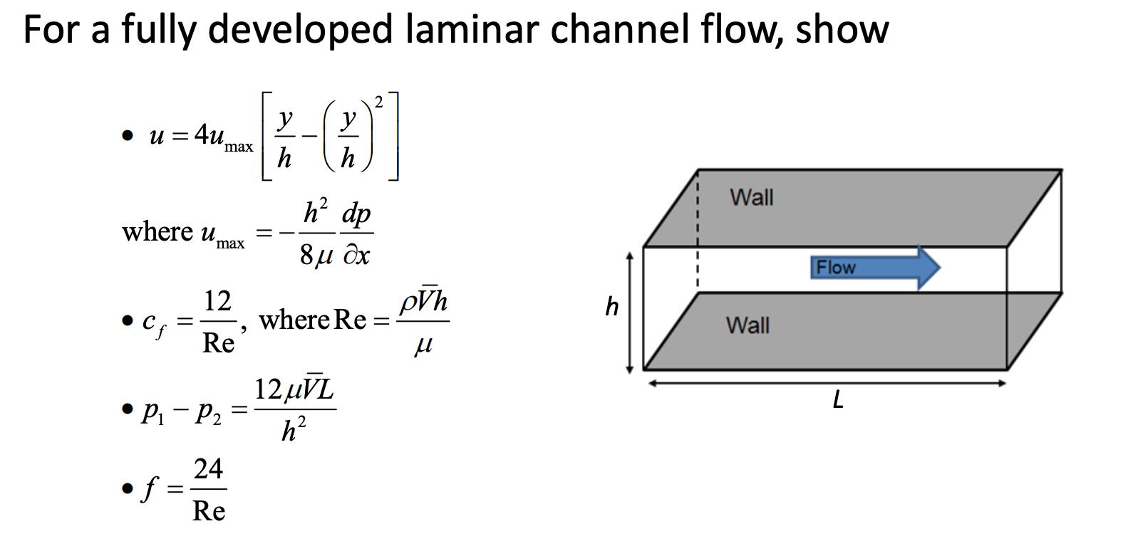 For a fully developed laminar channel flow, show  u=4u. where u  Cf = f= P - P = max max 12 Re 24 Re 9 - y h