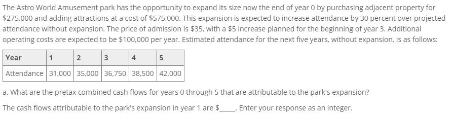 The Astro World Amusement park has the opportunity to expand its size now the end of year 0 by purchasing