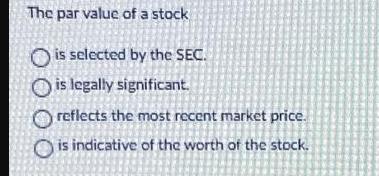 The par value of a stock O is selected by the SEC. is legally significant. O reflects the most recent market
