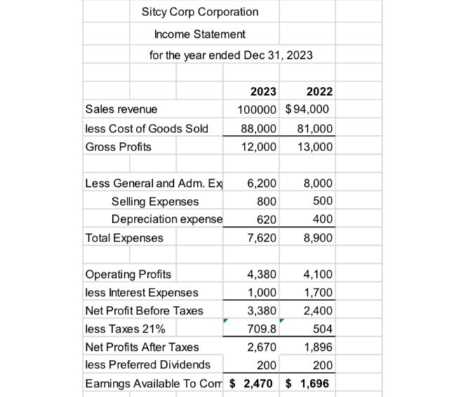 Sitcy Corp Corporation Income Statement for the year ended Dec 31, 2023 Sales revenue less Cost of Goods Sold
