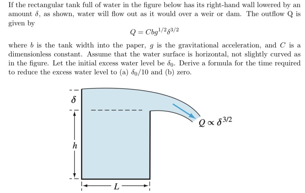 If the rectangular tank full of water in the figure below has its right-hand wall lowered by an amount 8, as