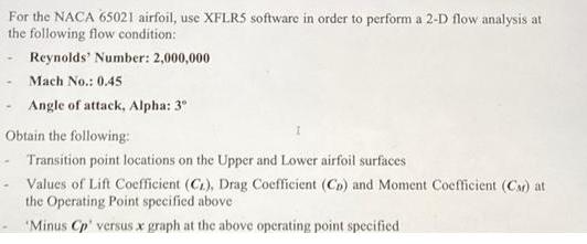 For the NACA 65021 airfoil, use XFLRS software in order to perform a 2-D flow analysis at the following flow