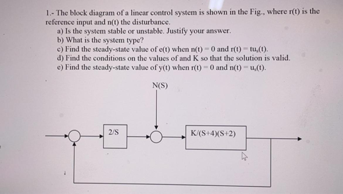 1.- The block diagram of a linear control system is shown in the Fig., where r(t) is the reference input and