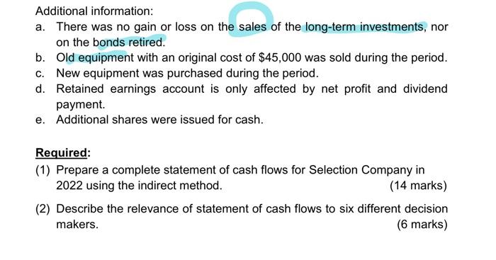 Additional information: a. There was no gain or loss on the sales of the long-term investments, nor on the
