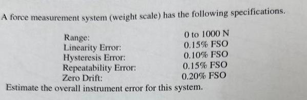 A force measurement system (weight scale) has the following specifications. 0 to 1000 N 0.15% FSO 0.10% FSO