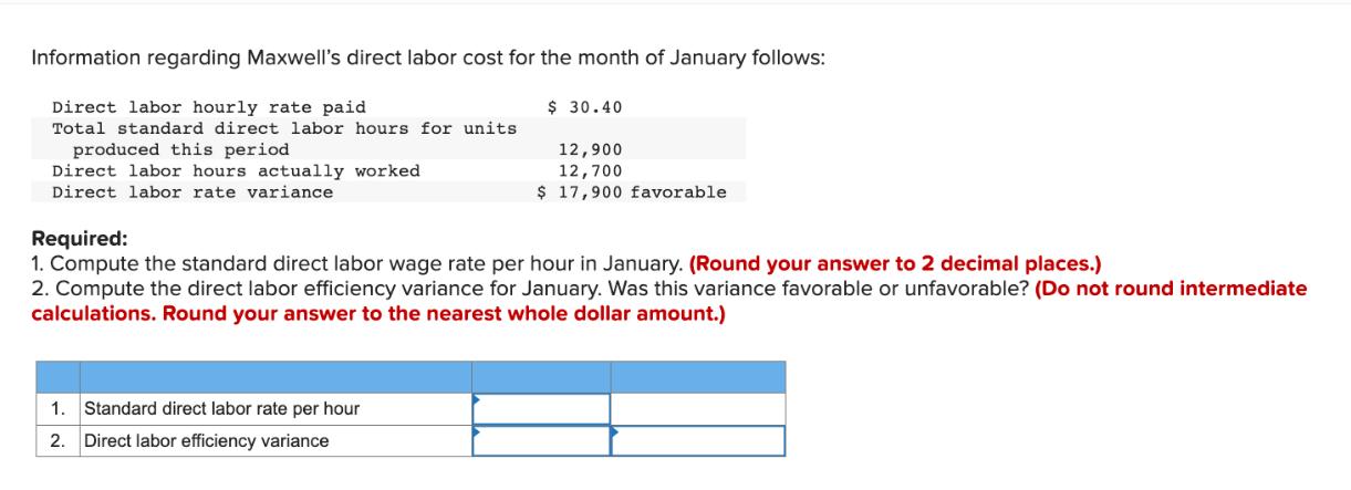 Information regarding Maxwell's direct labor cost for the month of January follows: Direct labor hourly rate