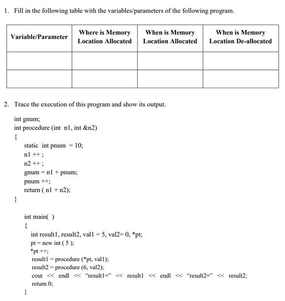 1. Fill in the following table with the variables/parameters of the following program. Where is Memory