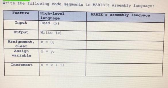 Write the following code segments in MARIE's assembly language: MARIE's assembly language Feature Input