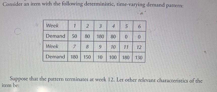 Consider an item with the following deterministic, time-varying demand pattern: Week 2 Demand 50 80 Week 7 8