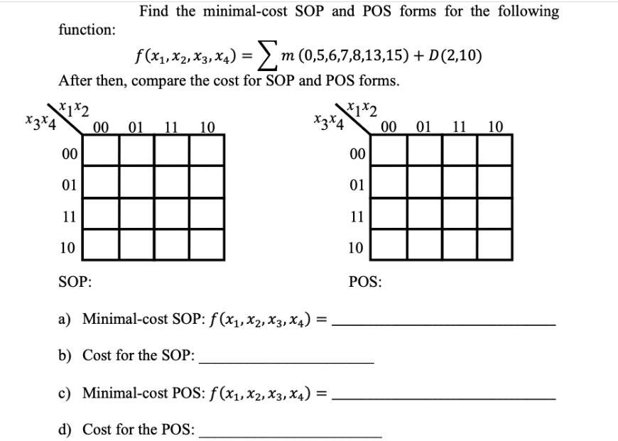 function: After then, compare the cost for SOP and POS forms. *1*2 x3x4 00 01 11 10 Find the minimal-cost SOP