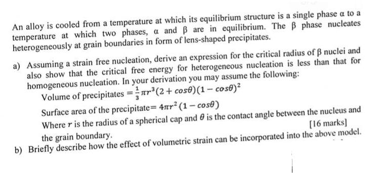 An alloy is cooled from a temperature at which its equilibrium structure is a single phase a to a temperature
