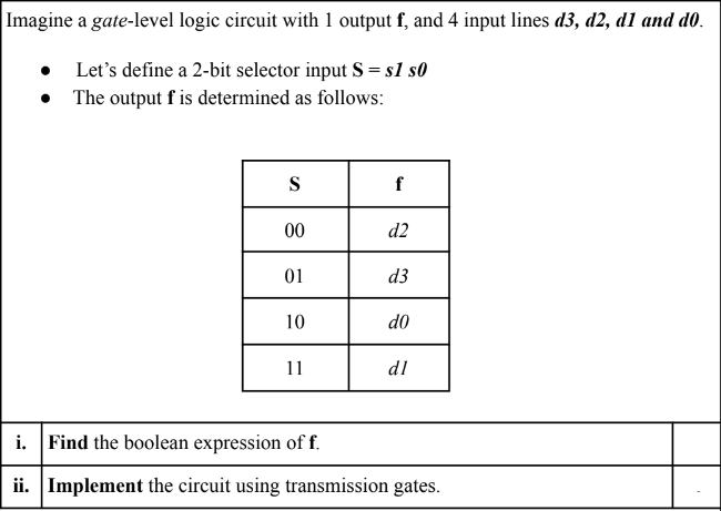 Imagine a gate-level logic circuit with 1 output f, and 4 input lines d3, d2, d'1 and do.  Let's define a