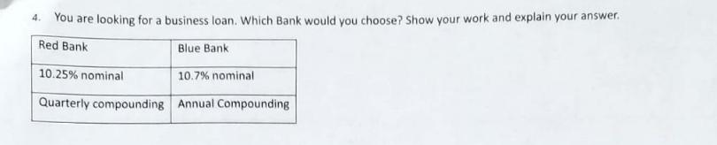 4. You are looking for a business loan. Which Bank would you choose? Show your work and explain your answer.