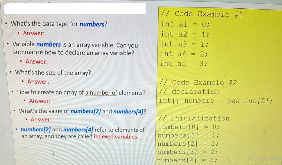 .  What's the data type for numbers?  Answer: Variable numbers is an array variable. Can you summarize how to