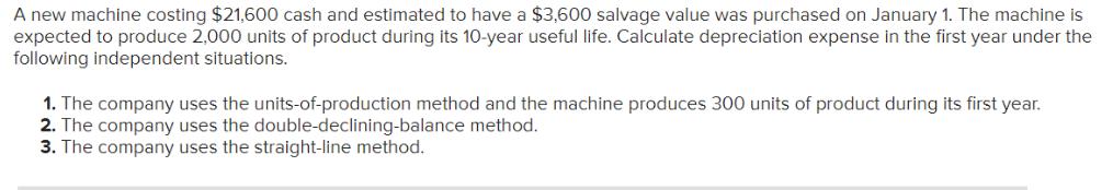 A new machine costing $21,600 cash and estimated to have a $3,600 salvage value was purchased on January 1.