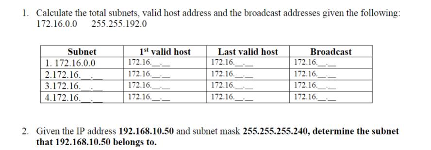 1. Calculate the total subnets, valid host address and the broadcast addresses given the following: