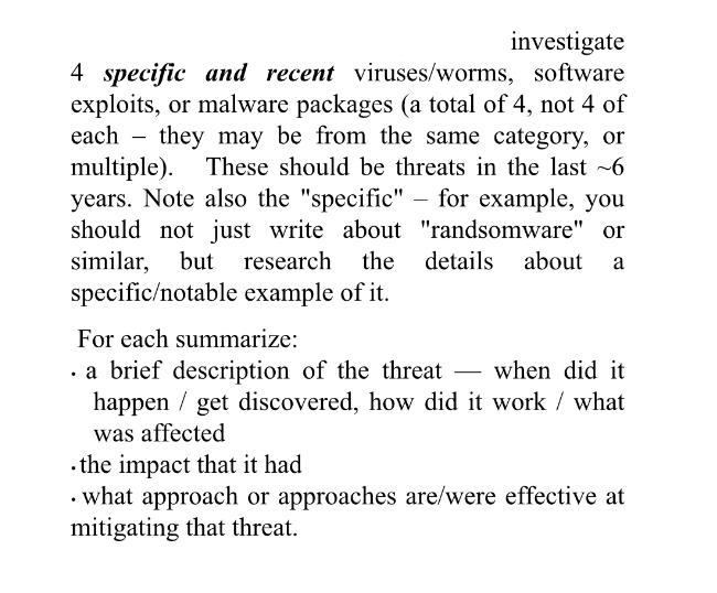 investigate 4 specific and recent viruses/worms, software exploits, or malware packages (a total of 4, not 4